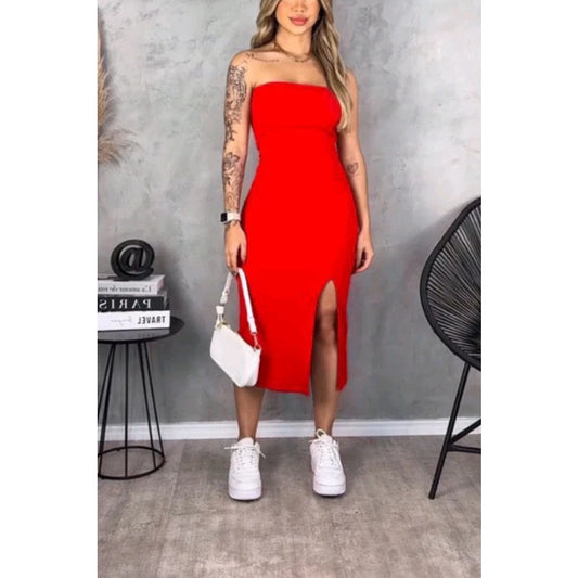 Vestido Tomara que Caia Canelado Midi com Fenda - Elegância e Ousadia