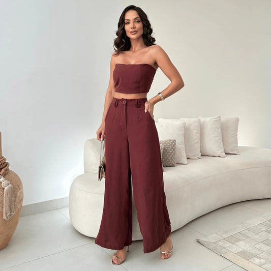 Conjunto Calça Pantalona Cintura Alta e Cropped em Duna