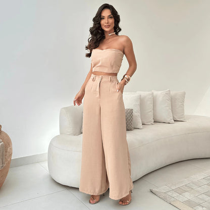 Conjunto Calça Pantalona Cintura Alta e Cropped em Duna